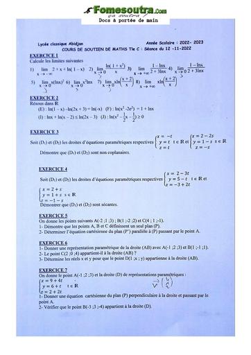 Sujets de Mathématique série C Lycée Classique d'Abidjan 2022-2023