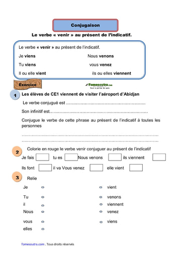 Le verbe « venir » au présent de l’indicatif - Cours CE1