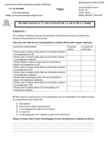 SUJET 6ième DEVOIR SURVEILLE N° 2 SVT 6eme CPNDL YOP BY TEHUA