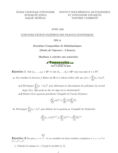 Sujet 2ème épreuve de maths ITS A 2006 (ENSAE - ISSEA)