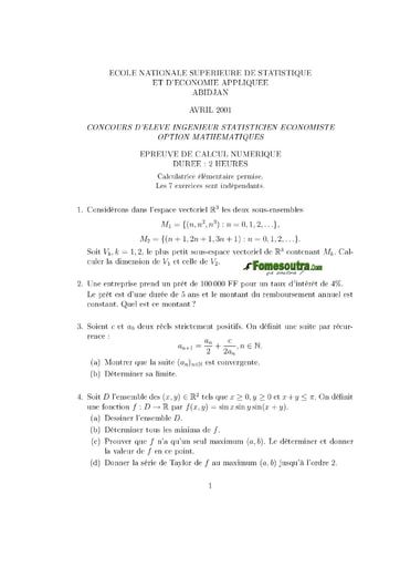 Sujet de Calcul numérique ISE option maths 2001 (ENSEA)