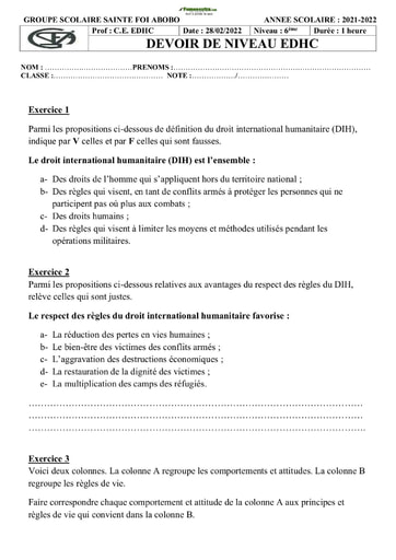 Devoir de EDHC Collège Sainte Foi Abobo Niveau 6ème 2022