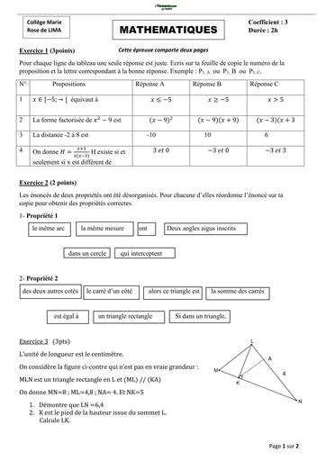 Devoir de maths NIVEAU 3ieme collège Marie Rose de Lima by TEHUA