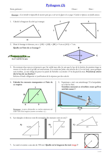 Sujet TP (7) portant sur le théorème de Pythagore - Maths niveau 3eme
