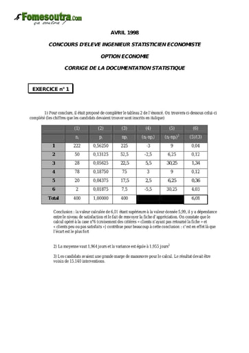 Corrigé Analyse d'une documentation statistique ISE option économie 1998 (ENSEA)