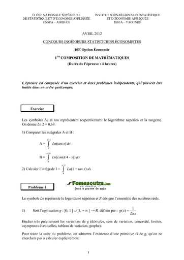 Sujet 1ère épreuve de maths ISE option économie 2012 (ENSEA - ISSEA)