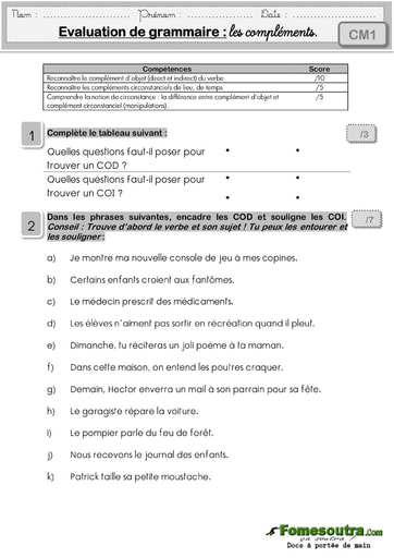 Evaluation de grammaire (2) : les compléments - Niveau CM1