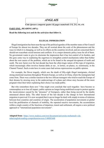 Sujet 3ième Devoir Anglais 3ième ENGLISH TEST MIGRATION By Tehua