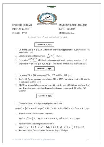 SUJET 2nde C DEVOIR DE MATHS 2nde C LYCEE DE BOROMO BY TEHUA