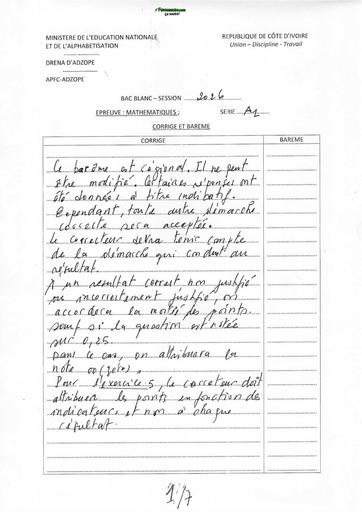 BAC BLANC 2026 DRENA ADZOPE SUJET MATHS SERIE A1 (BAREME) by TEHUA
