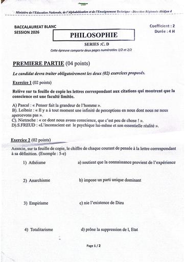 Sujet bac blanc régional drena Abidjan 4 Philo sujet By Tehua
