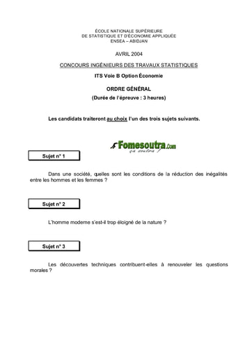 Sujet d'ordre générale ITS B option Economie 2004 (ENSEA - ISSEA - ENSAE)