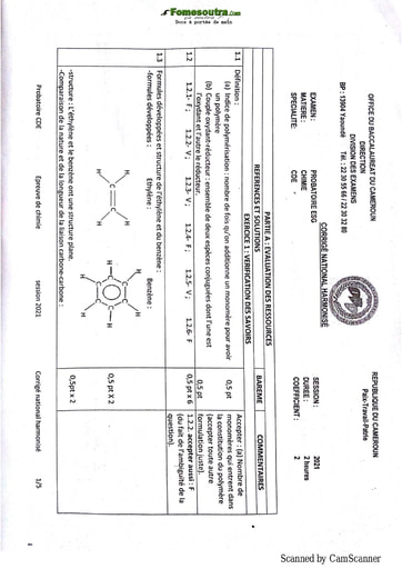 Compilation des corriges harmonisées Physique-Chimie - Examen du Probatoire ESG 2021 - Cameroun