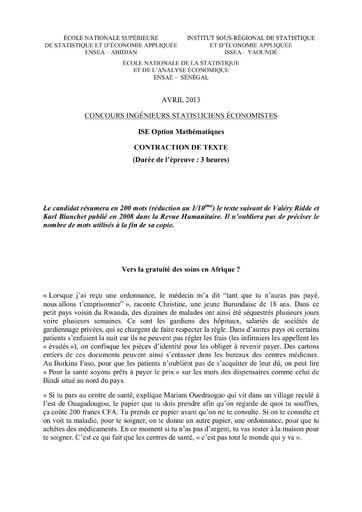 Sujet de Contraction de texte ISE option maths 2013 (ENSEA - ISSEA - ENSAE)