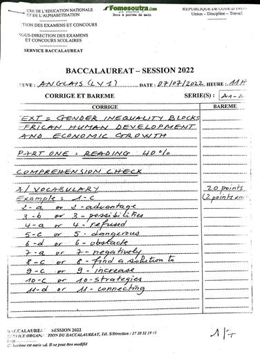 Corrigé et barèmes d'Anglais LV1 BAC A1 et A2 2022