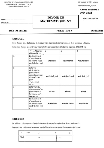 Devoir de Mathématiques Première A  (2021-2022)