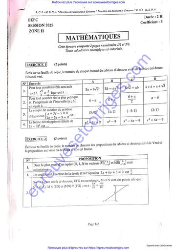 Preuve et Corrigé de Mathématiques – BEPC Session 2025 Zone 2