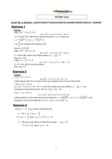 COURS DE VACANCE MATHS 1ière CORRIGE SUJET 1 (ÉQUATIONS ET INÉQUATIONS DU SECOND) BY TEHUA
