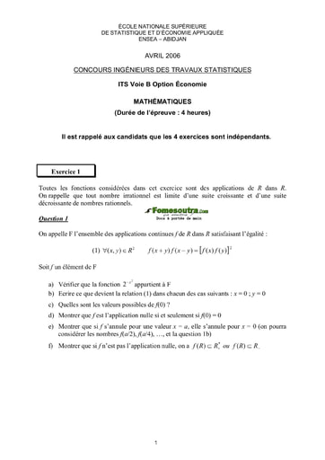 Sujet de Maths ITS B option Economie 2006 (ENSEA)