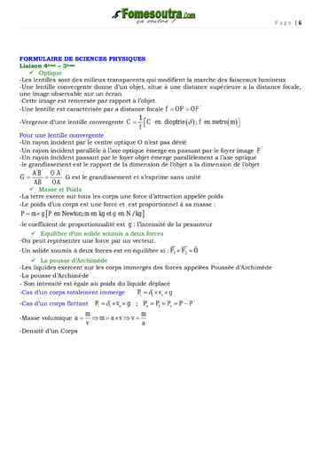 Fiche de révision de Physique pour préparer le BEPC