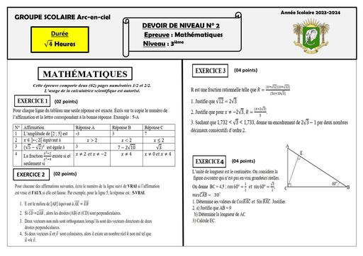ARC EN CIEL fiche devoir de MATHS niveau 3ieme 2024 By Tehua