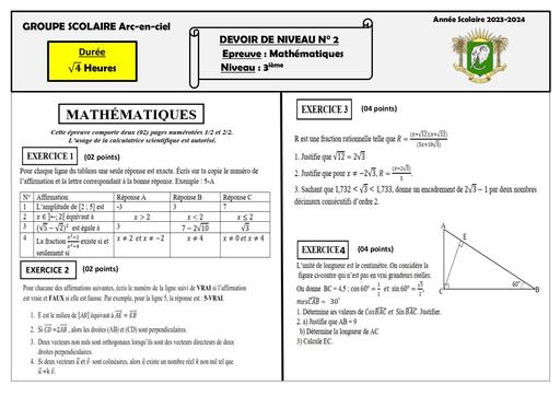 ARC EN CIEL fiche devoir de MATHS niveau 3ieme 2024 By Tehua