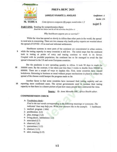 PREPA BEPC 2025 ANGLAIS FICHE 5 BY TEHUA