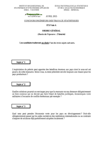 Sujet d'ordre générale ITS A 2015 (ENSAE - ISSEA)