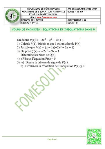 FICHE 3 MATHS 1ière A EQUATIONS ET INEQUATIONS DANS R BY TEHUA