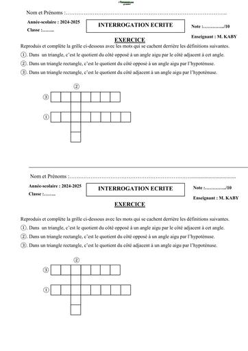 INTERROGATION ECRITE MATHS 3ième triangle rectangle N°5 by TEHUA