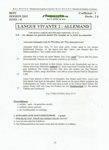 Sujet corrigé d'allemand BEPC 2015 Zone 2