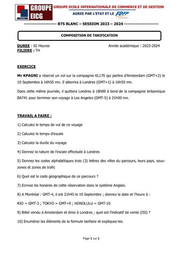 COMPOSITION DE TARIFICATION AERIENNE ET BILLETTERIE TH - SUJET BTS TH By Ludov Ta'n