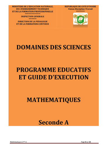 Programme Educatif et Guide d'Exécution Mathématiques 2nde A