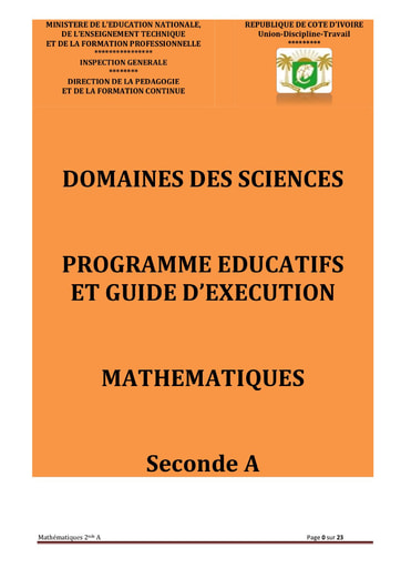 Programme Educatif et Guide d'Exécution Mathématiques 2nde A