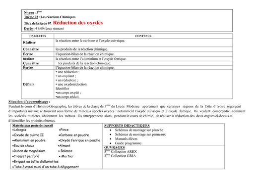 FICHE DE COURS PC 3ième L11reduction des oxydes by TEHUA