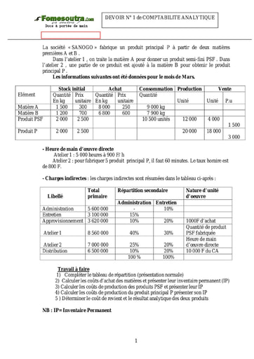 Devoir (8) - Comptabilité Analytique