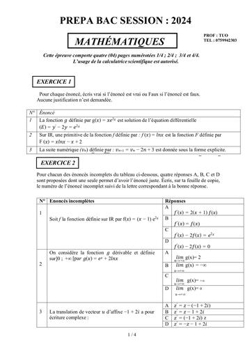 PREPA BAC 2024 maths Tle D by Tehua