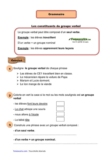 Les constituants du groupe verbal - Cours CE1
