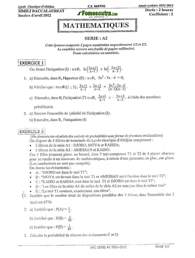 Sujet Maths BAC blanc série A2 Lycée Sainte Marie de Cocody 2012