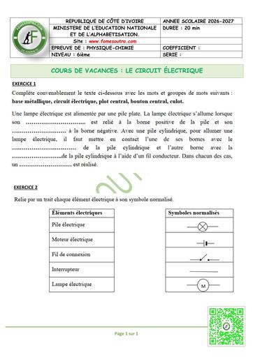 FICHE 1 PC 6ième L1 LE CIRCUIT ELECTRIQUE by TEHUA