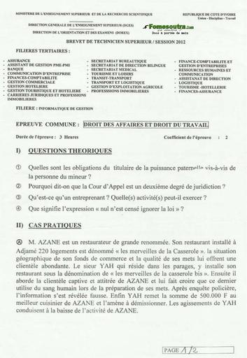 Droit des affaires et droit du travail - Filières Tertiaires BTS 2012