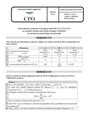 DEVOIR DE NIVEAU MATHS Tle D TRIMESTRE 1 CPO 2023 BY TEHUA