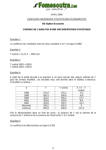 Corrigé Analyse d'une documentation statistique ISE option économie 2005 (ENSEA - ISSEA)