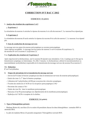 Corrigé de SVT BAC C 2012