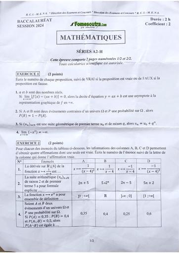Sujet Bac 2024 Mathématiques serie A2 BY TEHUA