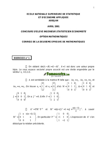 Corrigé 2ème épreuve de maths ISE option maths 2001 (ENSEA)