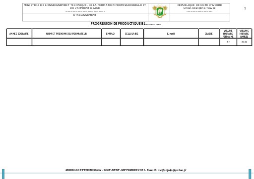 PROGRESSION PRODUCTIQUE B1 2T1
