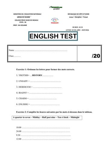 DEVOIR D'ANGLAIS NIVEAU 6ième UNIT3 2026 BY TEHUA