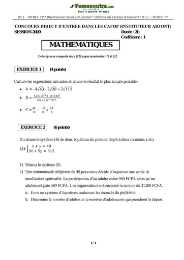 Sujet corrigé de Maths - Concours CAFOP (I.A) - 2020