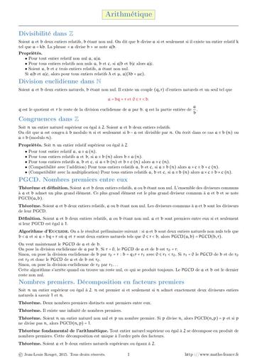 Resumé du cours d'Arithmetique